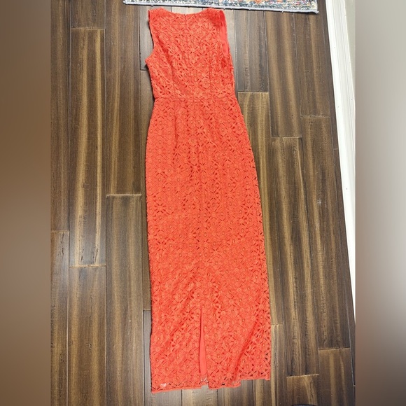 size S Orange Lace Dress Full Length Sleeveless Halter V Neck Fitted - Picture 6 of 13